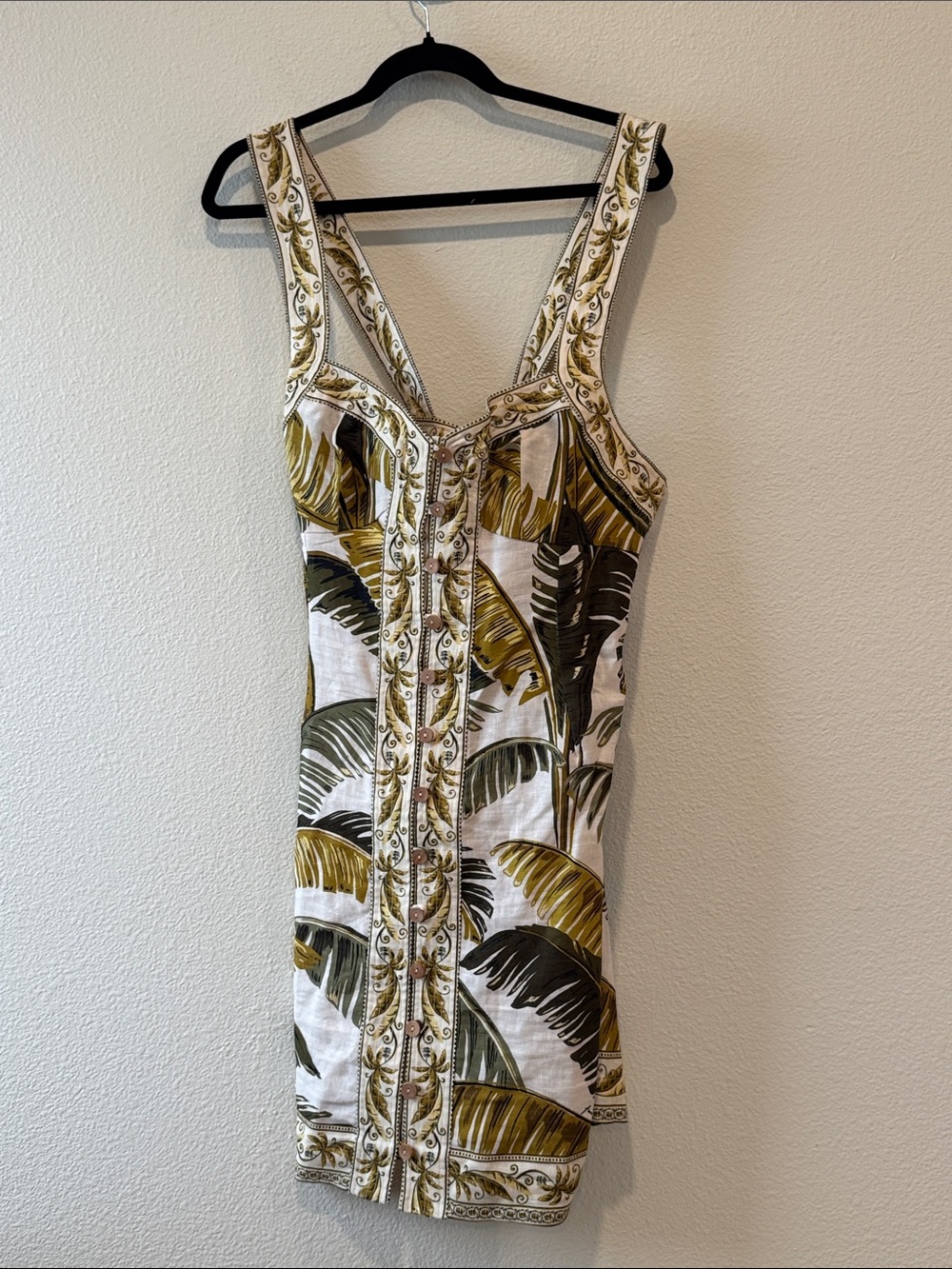 FARM Rio Olive and White Tropical Button-Front Mini Dress